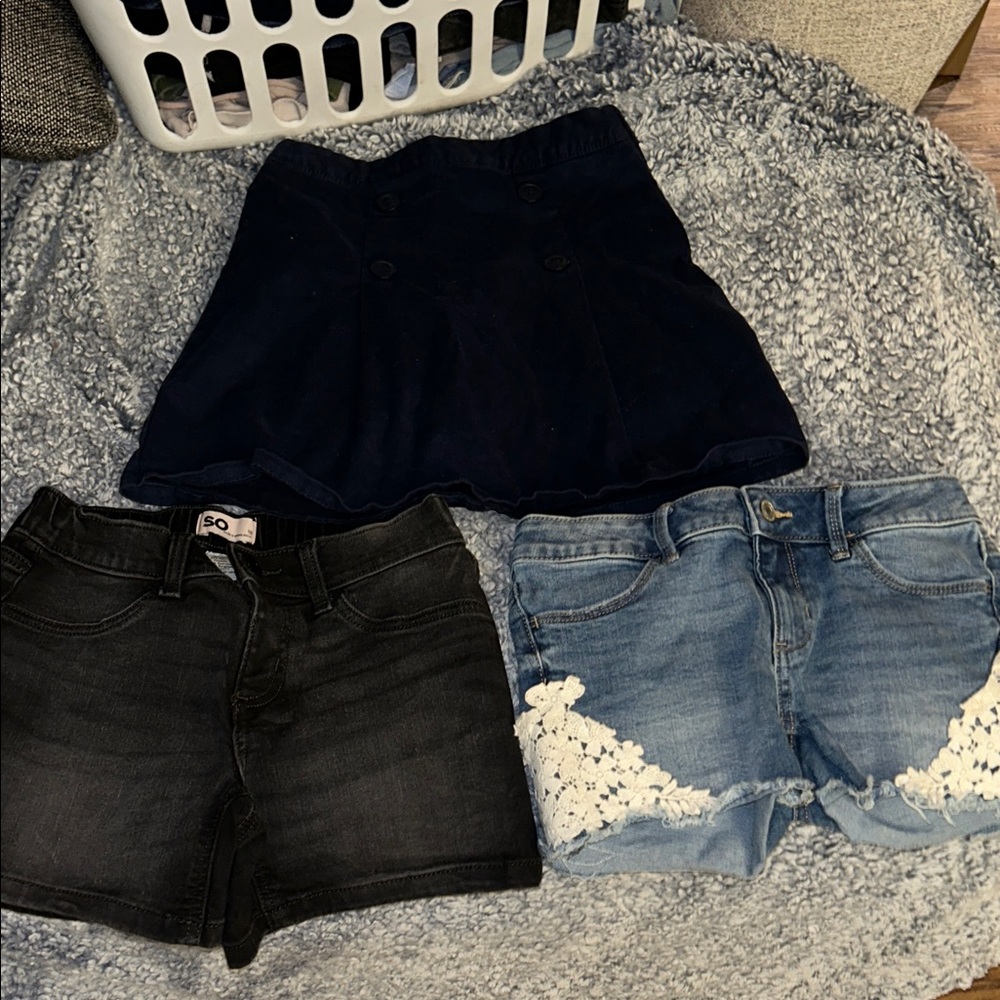 Black and Blue denim shorts and navy skirt